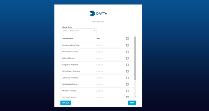 DfE Connector with a list of Sage sites the user can select