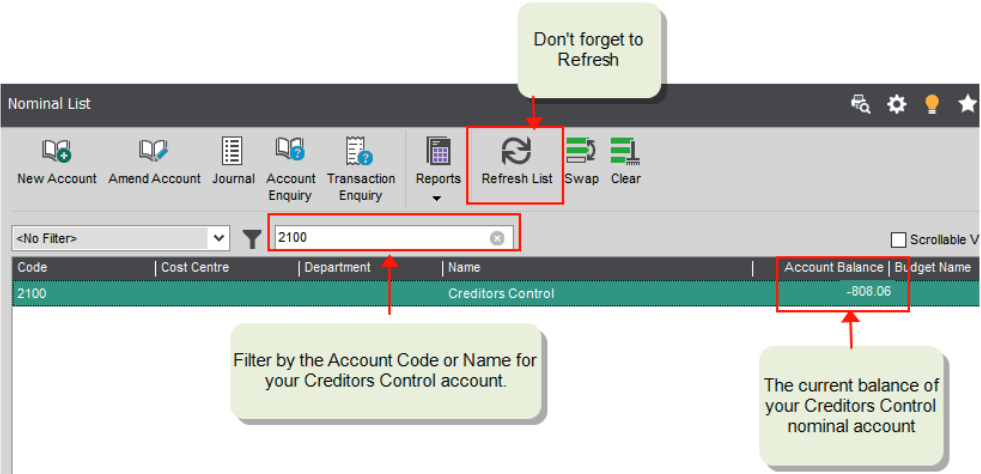 Sage's Nominal List with the Creditors Control nominal account balance on the right