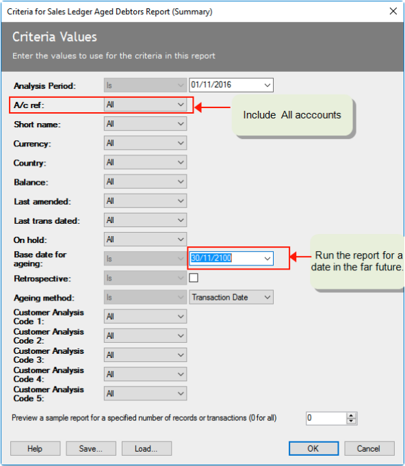 Sage Criteria Values report with A/C ref and base date for ageing highlighted