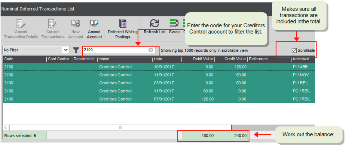 Sage's Nominal Deferred Transactions List with the total on the bottom
