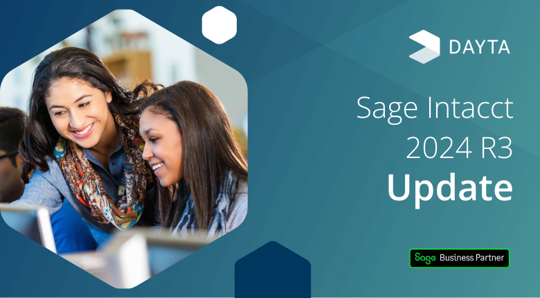2 women at a PC next to the words 'Dayta Sage Intacct 2024 R3 Update' with a Sage Business Partner emblem
