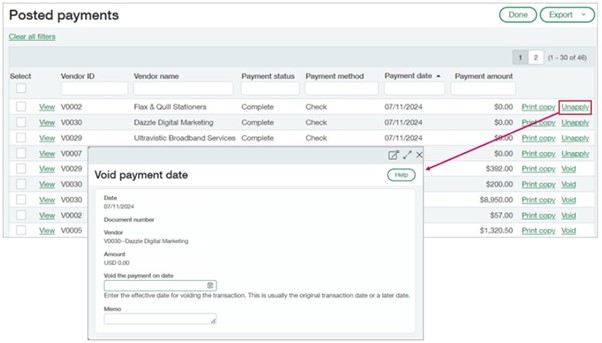 Void Payment screen in Sage Intacct