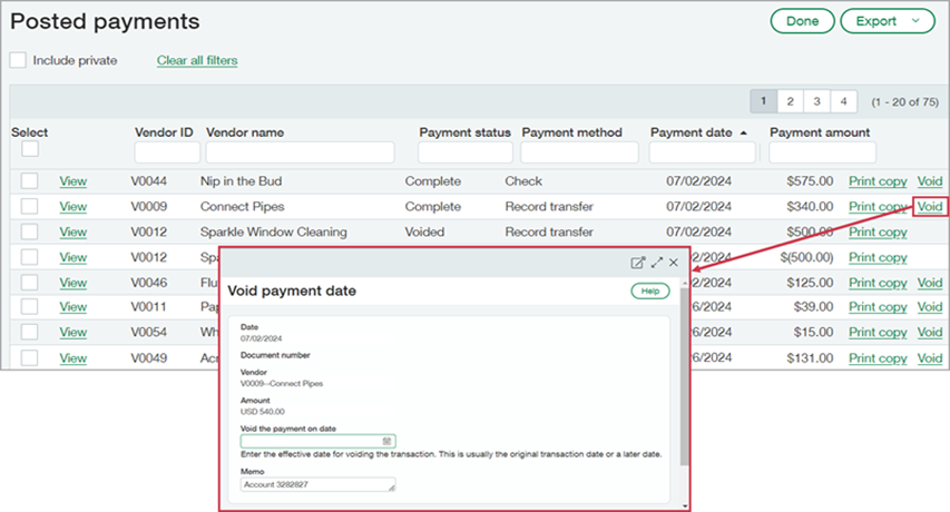 Void Payment screen in Sage Intacct